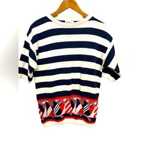 Vintage Nautical Sweater Apostrophe Women’s Size S USA Short Sleeve Beach Stripe